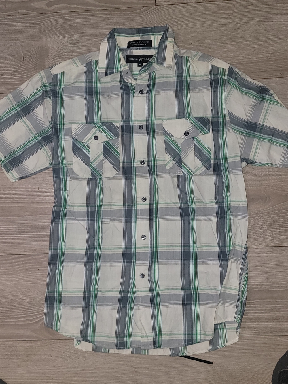 Beverly Hills Polo Club White, Green & Gray Plaid Short Sleeve Button-Down